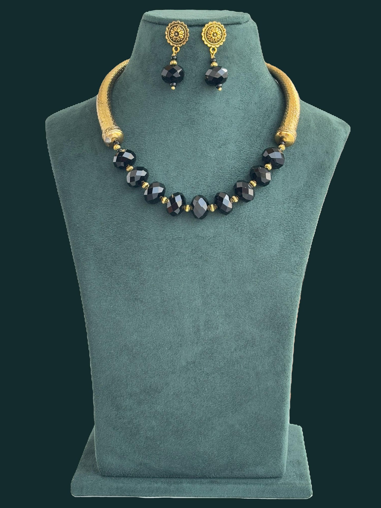Handmade Oxidized Gold Trunk and Black Rondel Bead Necklace Set