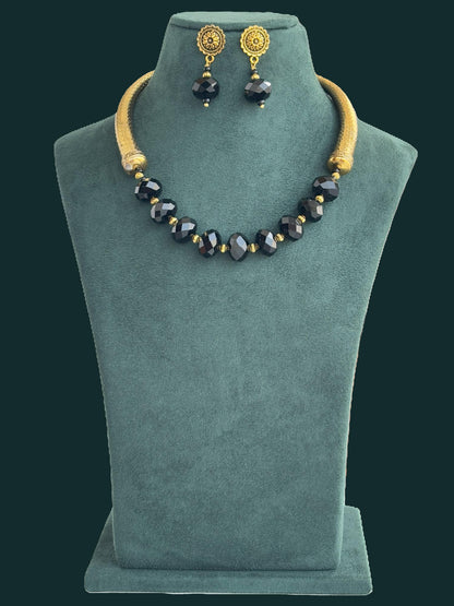 Handmade Oxidized Gold Trunk and Black Rondel Bead Necklace Set