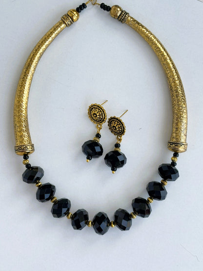 Handmade Oxidized Gold Trunk and Black Rondel Bead Necklace Set