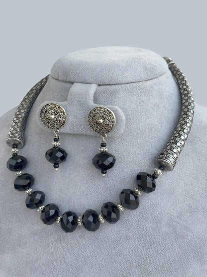 Handmade Oxidized Silver Trunks and Black Bead Necklace Set