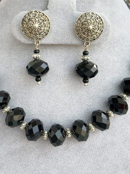 Handmade Oxidized Silver Trunks and Black Bead Necklace Set