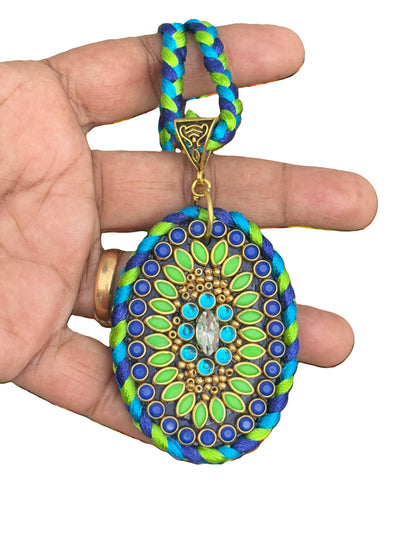 Handmade Blue and Green Silk Thread Pendant Necklace