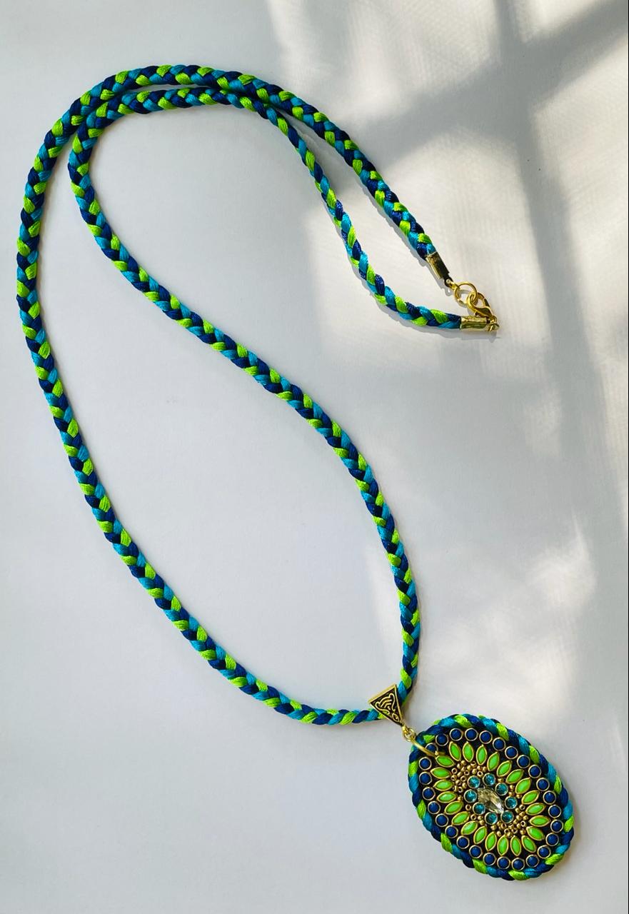 Handmade Blue and Green Silk Thread Pendant Necklace