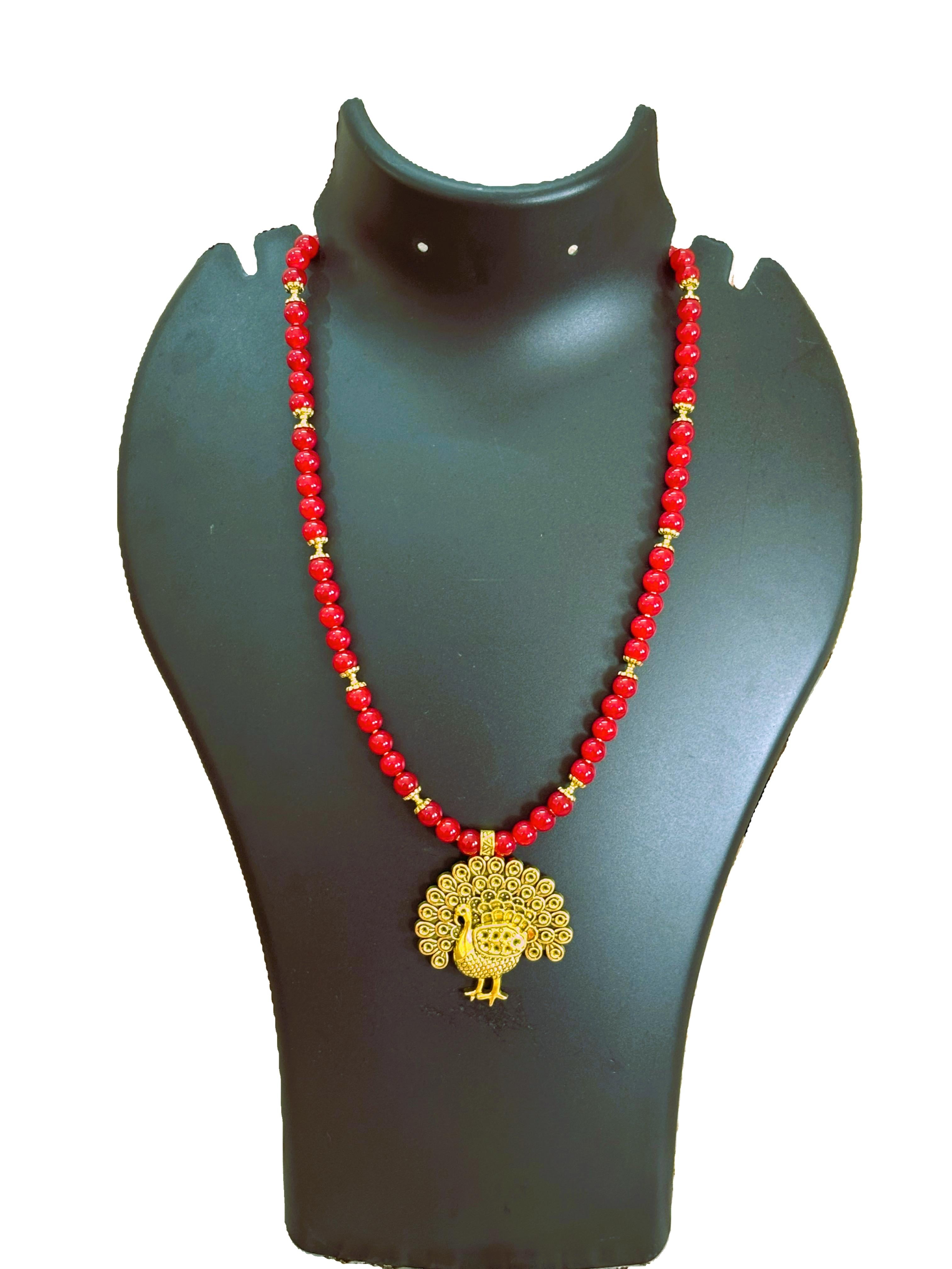 Handmade Red Bead and Gold Peacock Pendant Necklace