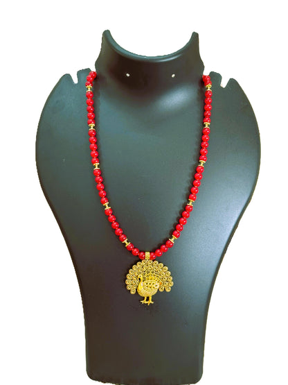 Handmade Red Bead and Gold Peacock Pendant Necklace