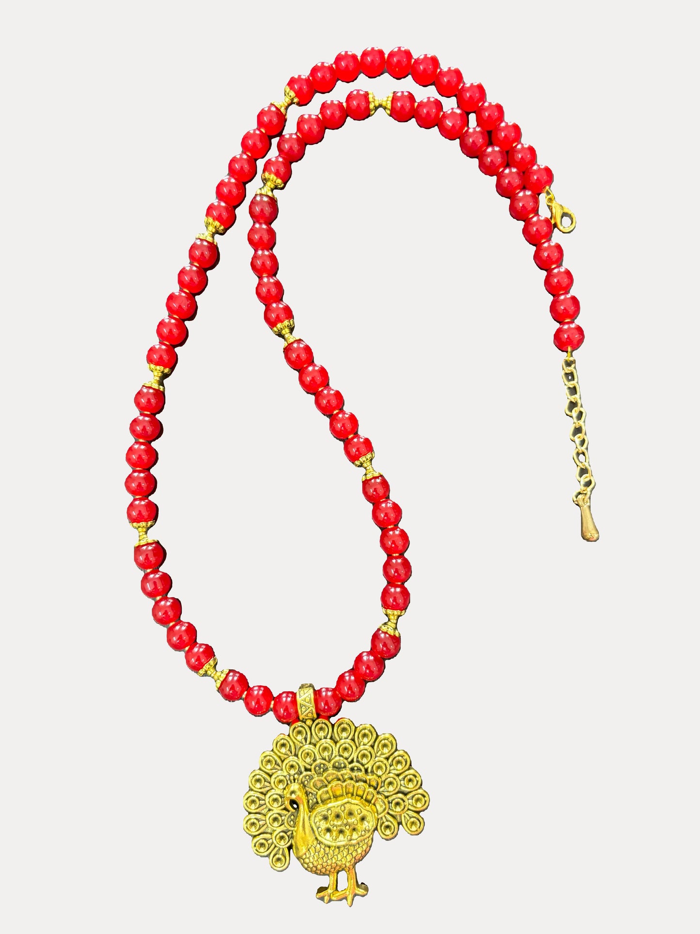 Handmade Red Bead and Gold Peacock Pendant Necklace