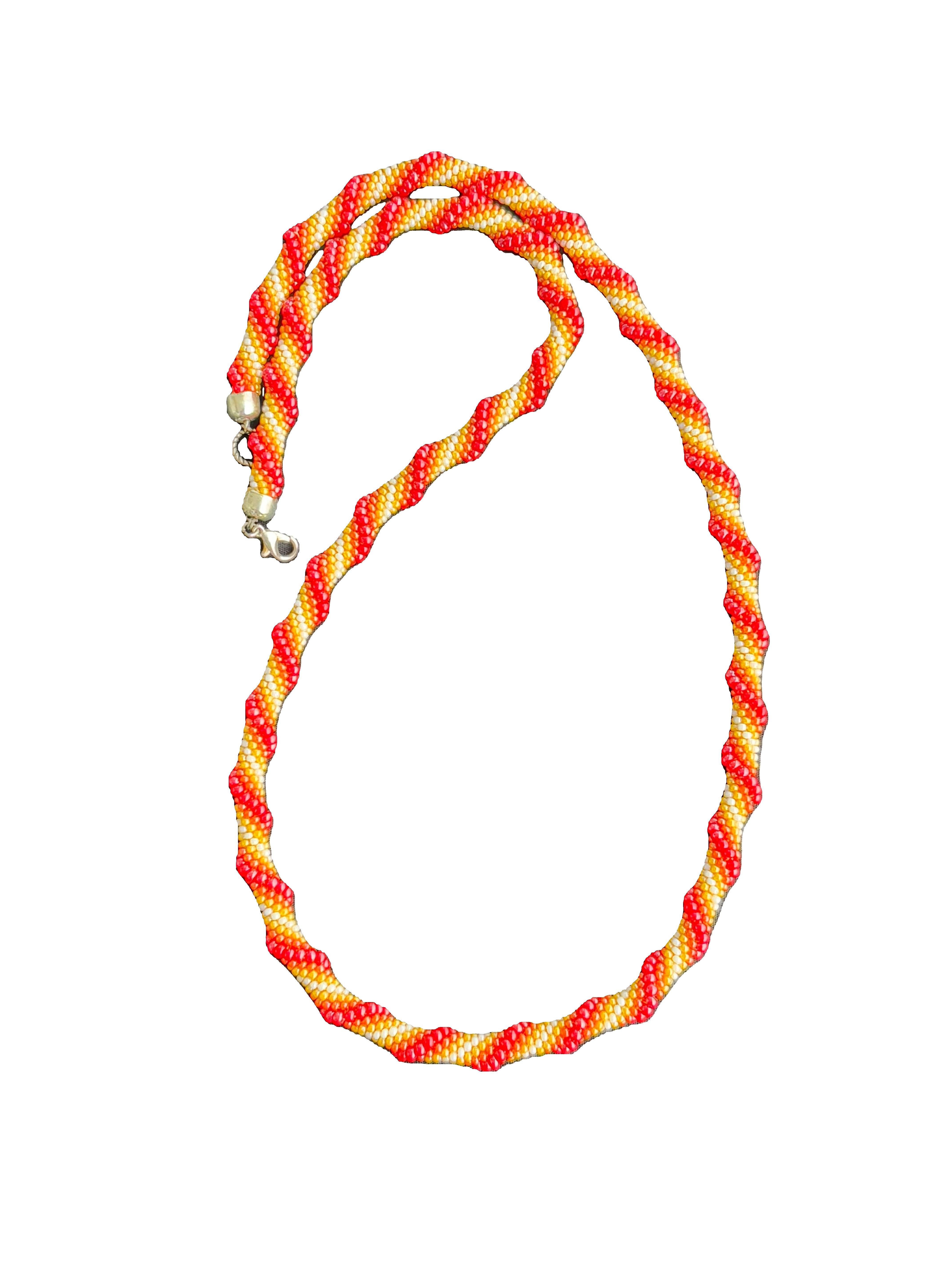 Handmade Crochet Red Orange and Yellow Preciosa Bead Necklace
