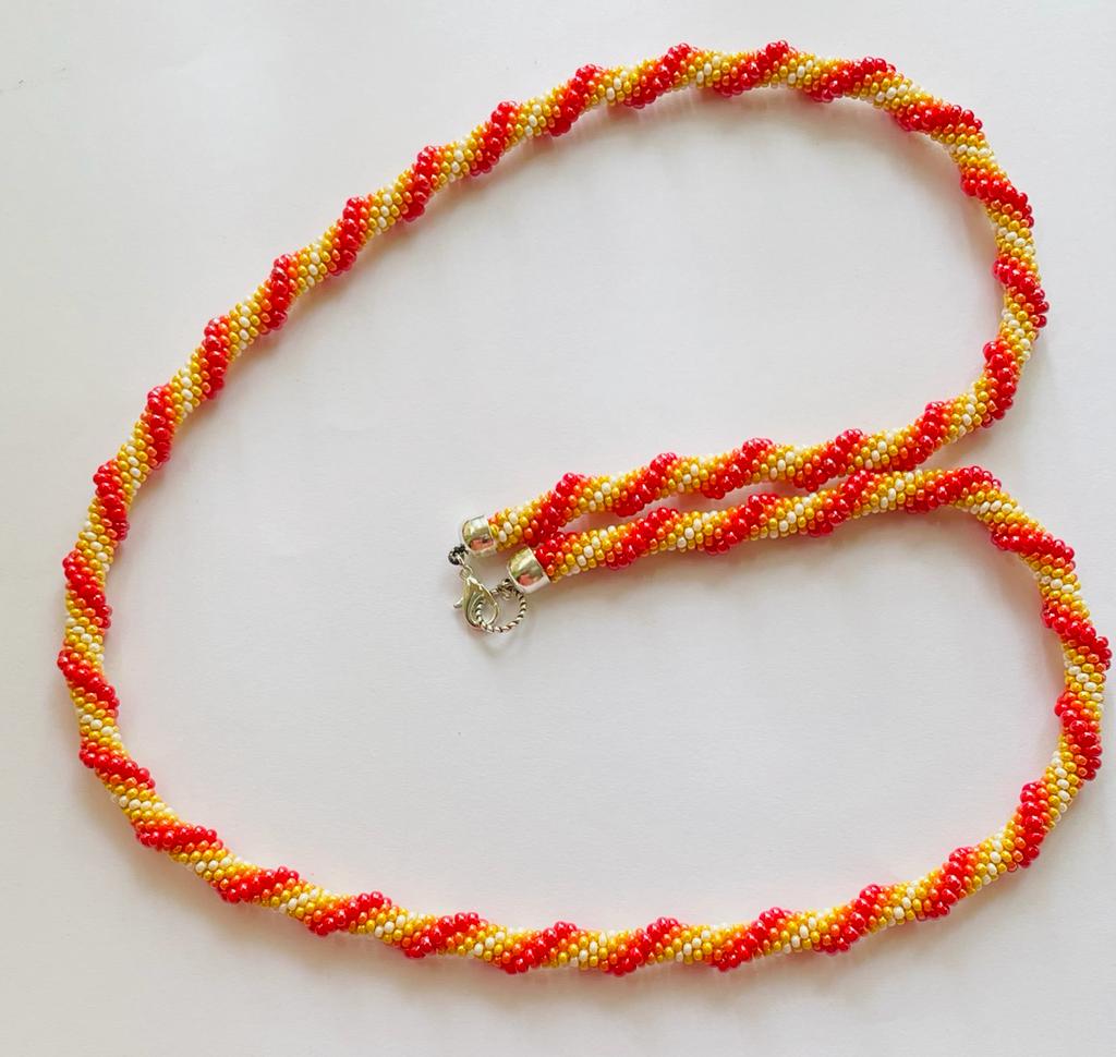 Handmade Crochet Red Orange and Yellow Preciosa Bead Necklace
