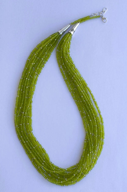 Handmade Multi-Strand Green Seed Bead Necklace