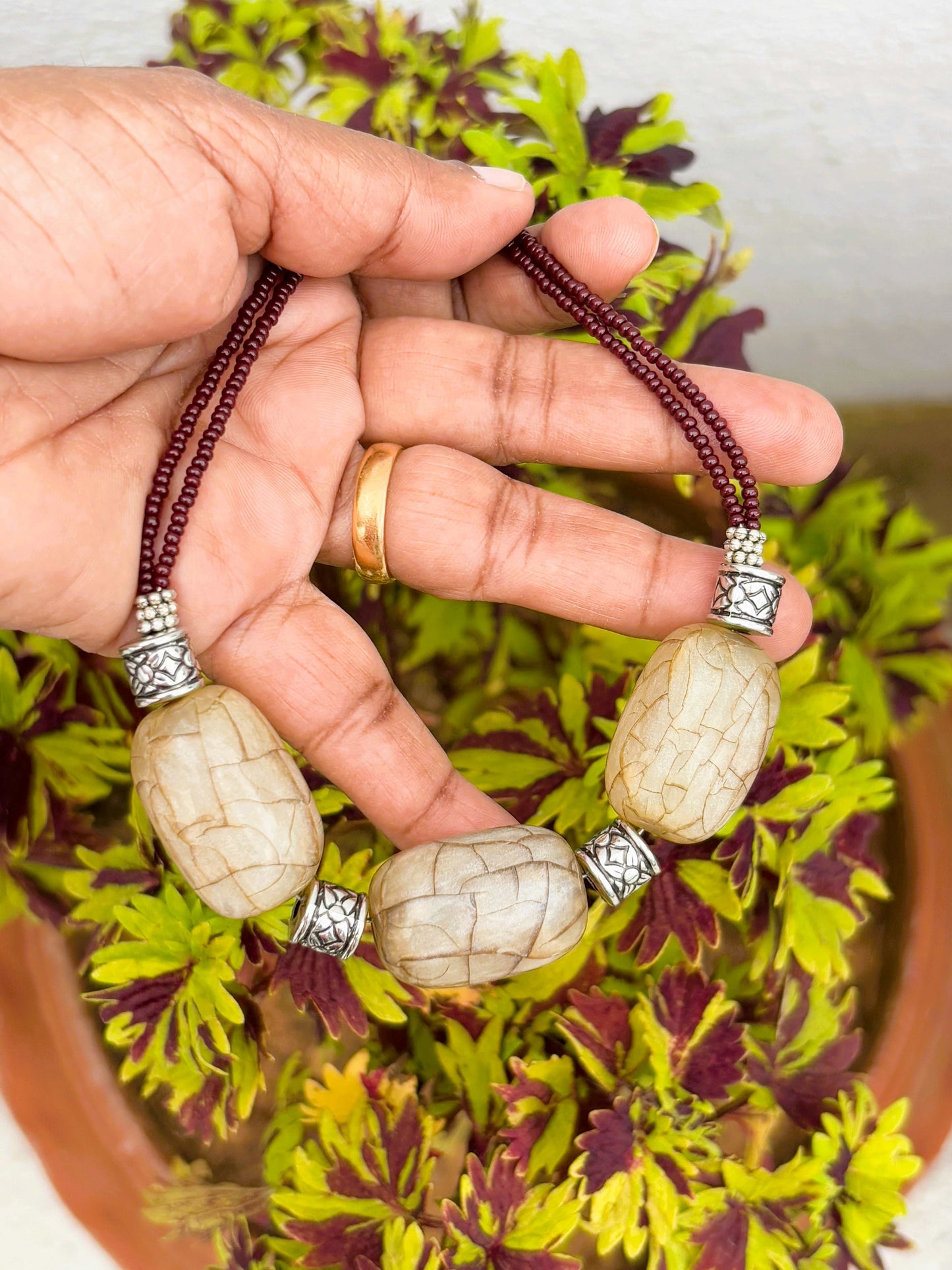 Handmade Brown and Oxidized Barrel Bead Necklace