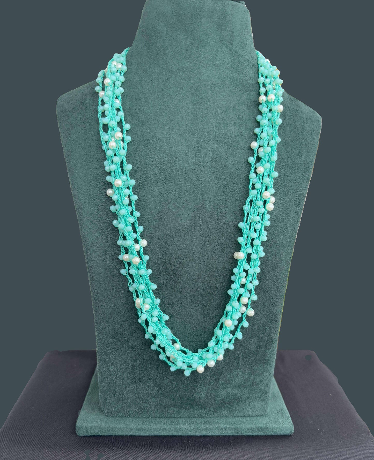 Handmade Aqua Crystal and Pearl Crochet Necklace