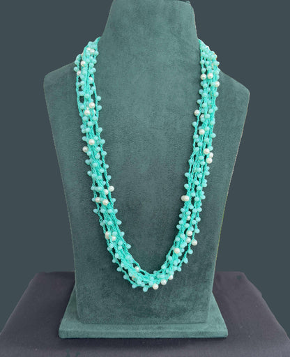 Handmade Aqua Crystal and Pearl Crochet Necklace