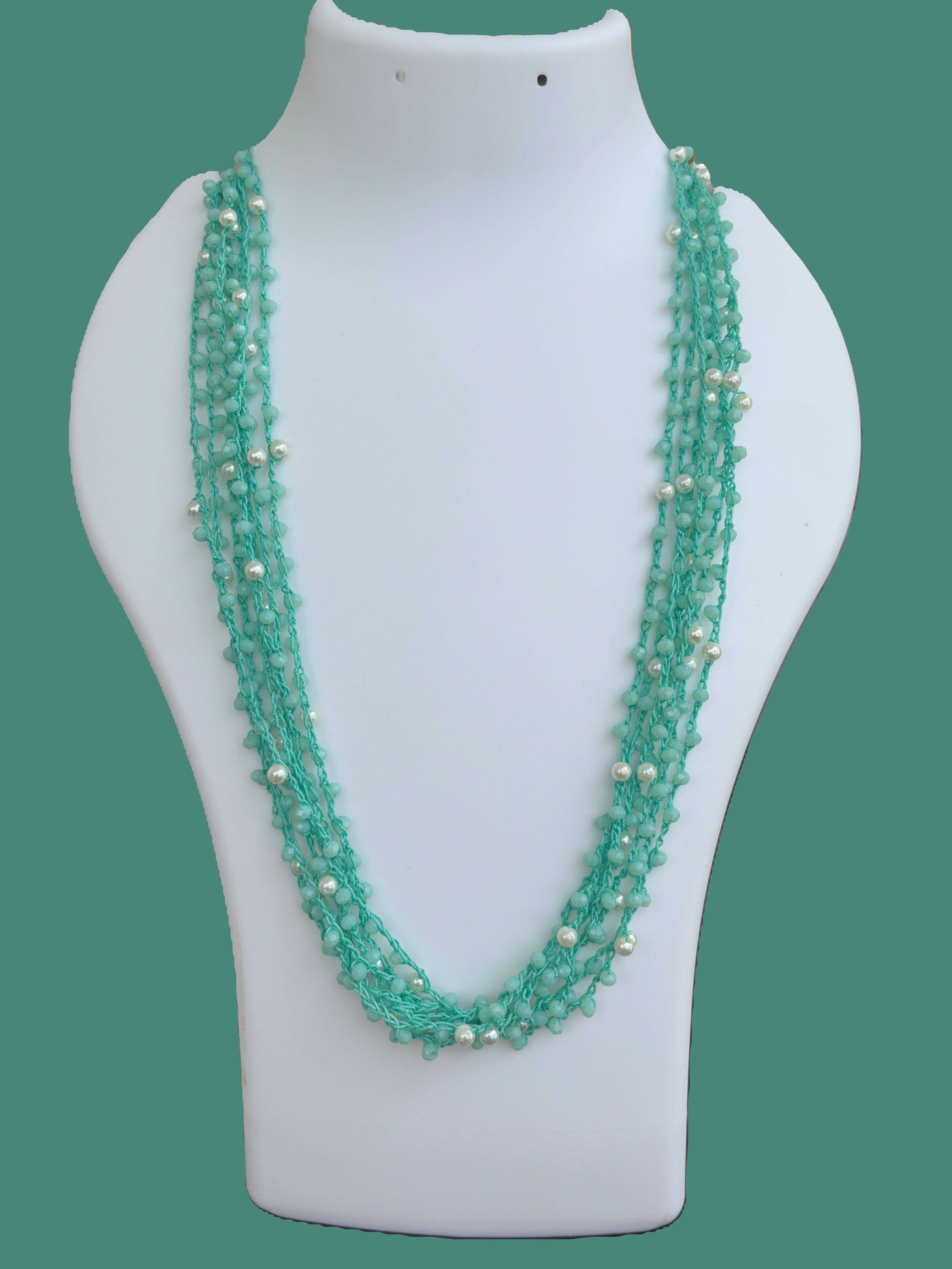 Handmade Aqua Crystal and Pearl Crochet Necklace