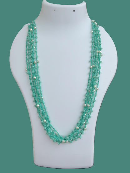 Handmade Aqua Crystal and Pearl Crochet Necklace