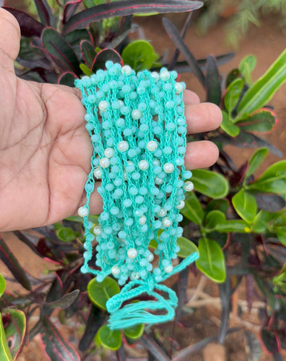 Handmade Aqua Crystal and Pearl Crochet Necklace