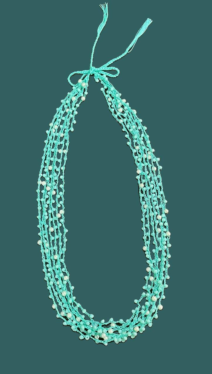 Handmade Aqua Crystal and Pearl Crochet Necklace