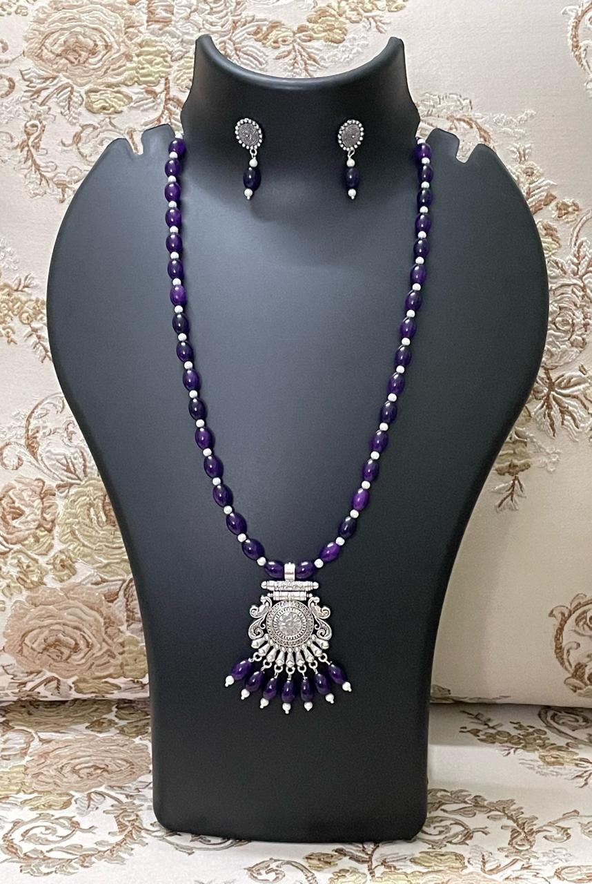 Handmade Purple and Oxidized Pendant Necklace Set