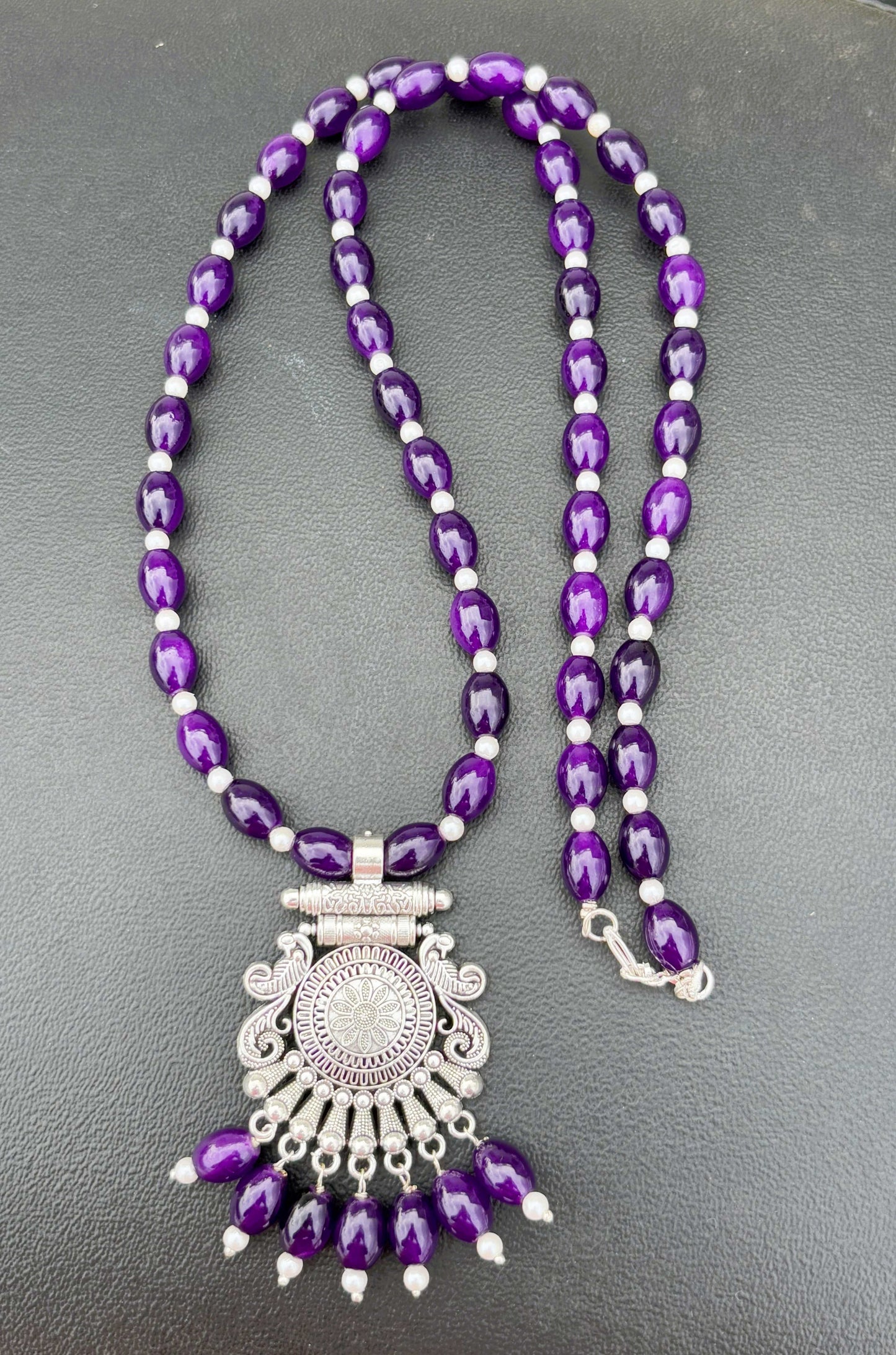 Handmade Purple and Oxidized Pendant Necklace Set