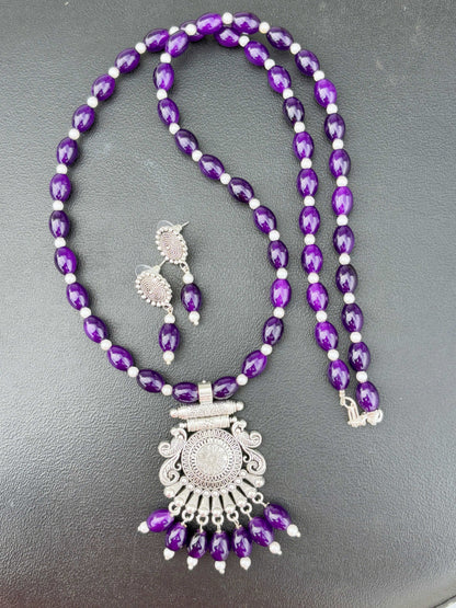 Handmade Purple and Oxidized Pendant Necklace Set