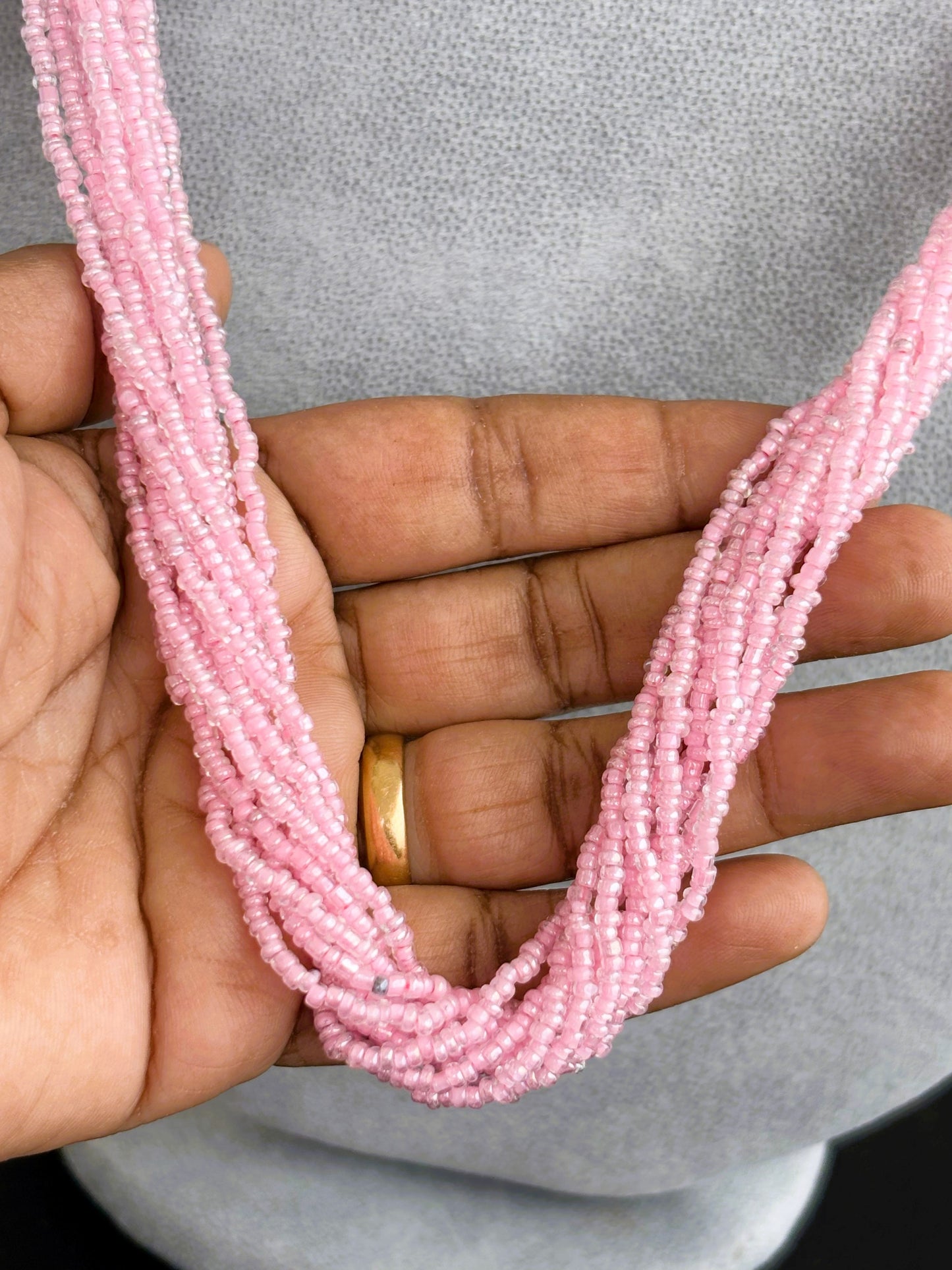 Handmade Pink Multi-Strand Seed Bead Necklace
