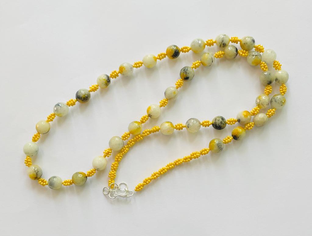Handmade Yellow and White Stone Beaded Necklace