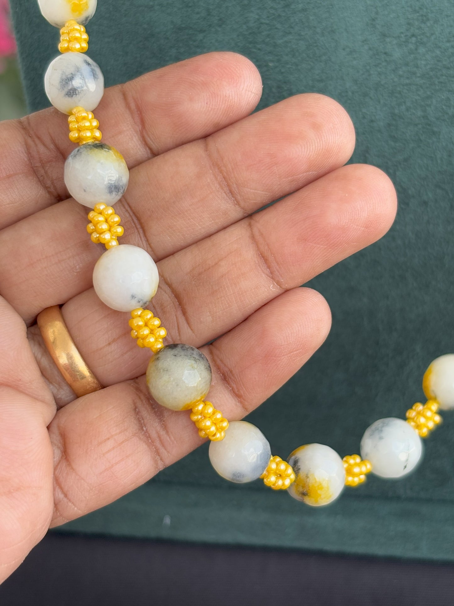 Handmade Yellow and White Stone Beaded Necklace