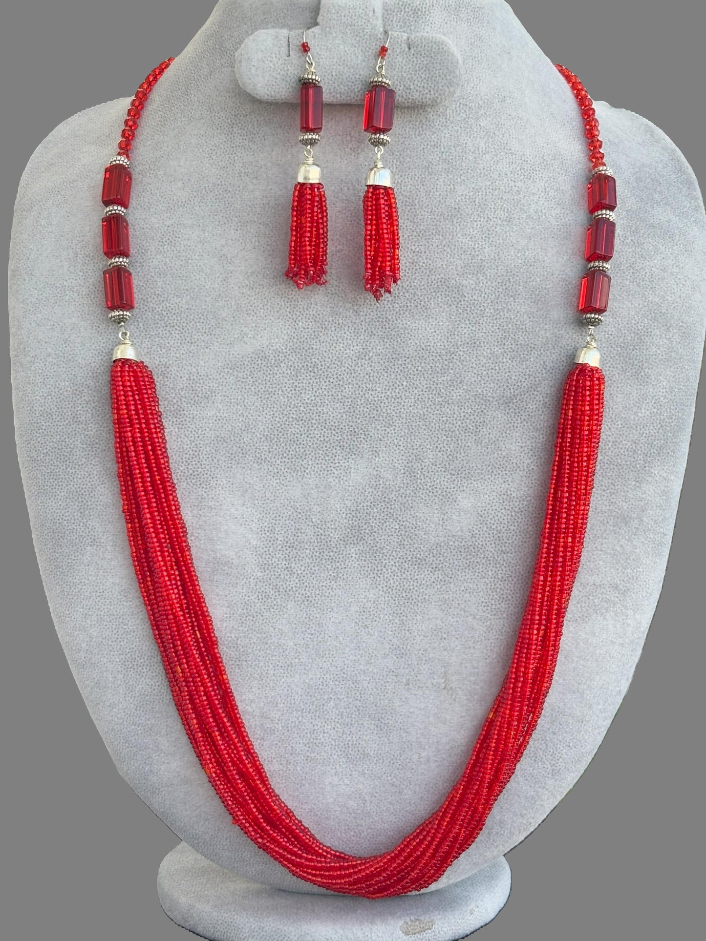 Handmade Red Seed Bead Multi-Strand Necklace Set