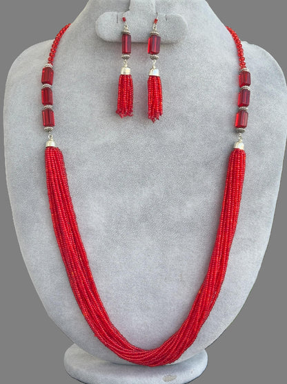 Handmade Red Seed Bead Multi-Strand Necklace Set