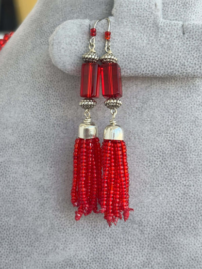 Handmade Red Seed Bead Multi-Strand Necklace Set
