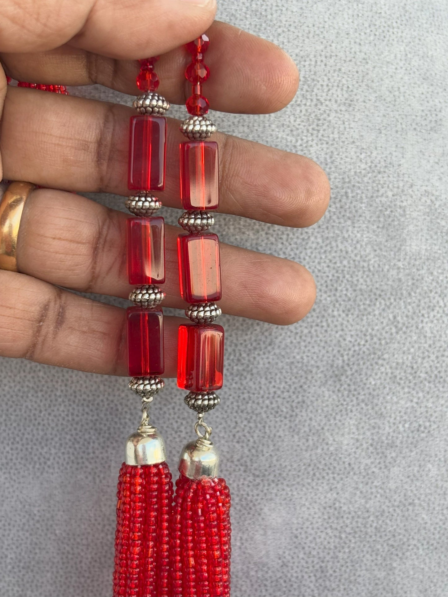 Handmade Red Seed Bead Multi-Strand Necklace Set