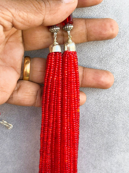 Handmade Red Seed Bead Multi-Strand Necklace Set
