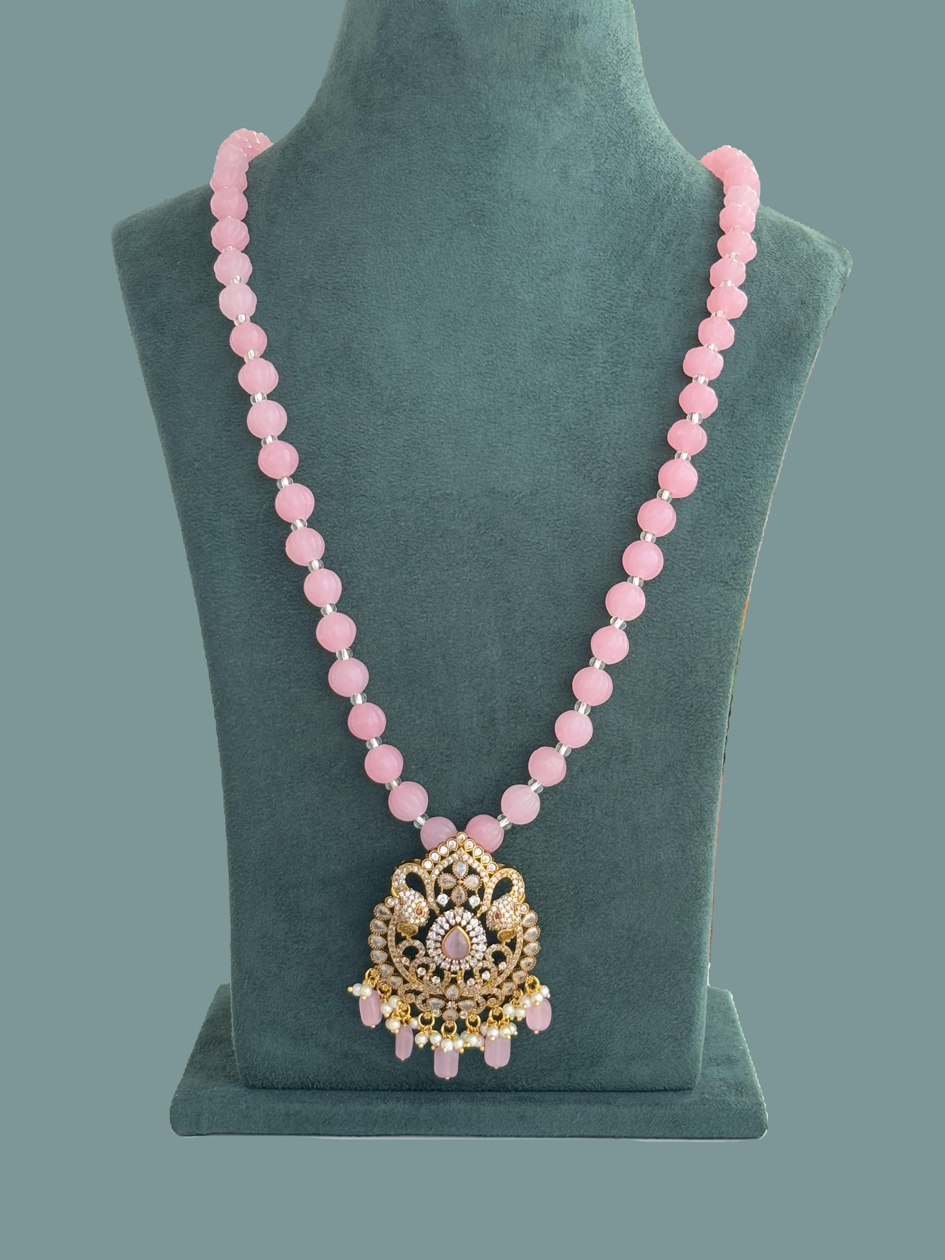Handmade Pink Bead Peacock Pendant Necklace