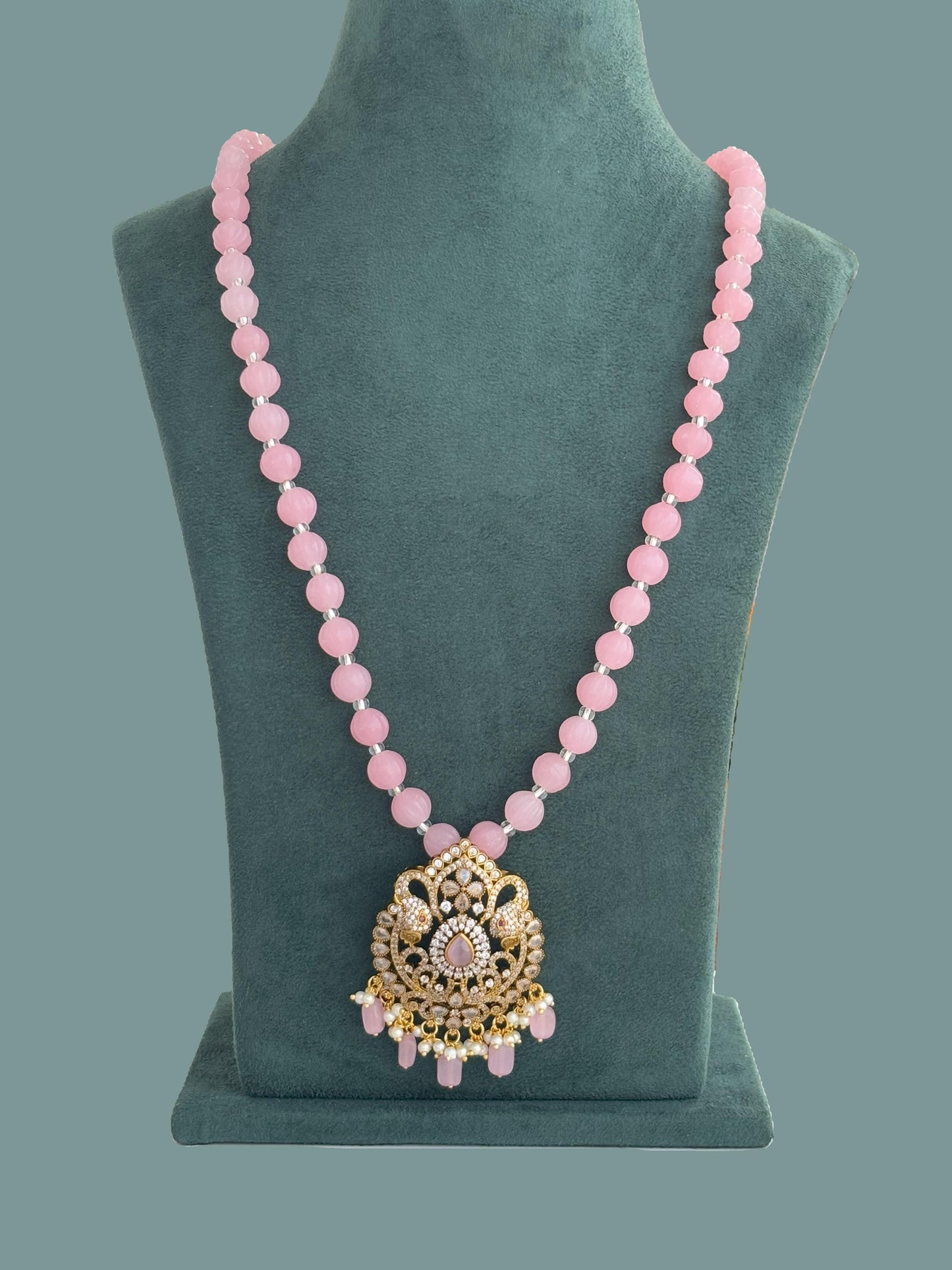 Handmade Pink Bead Peacock Pendant Necklace