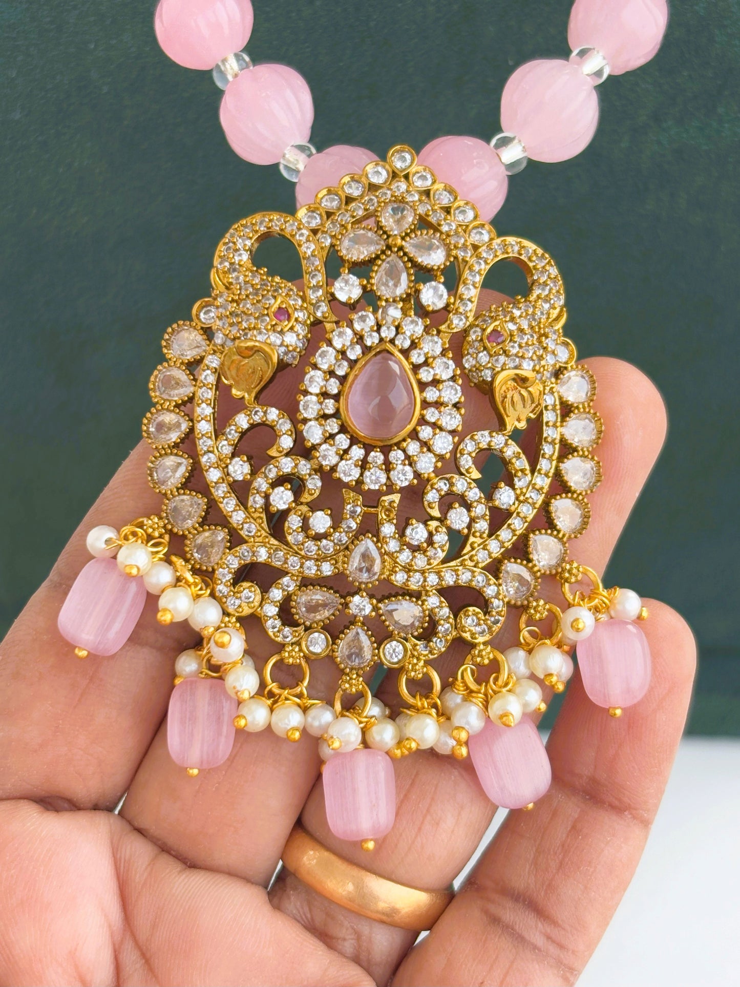 Handmade Pink Bead Peacock Pendant Necklace