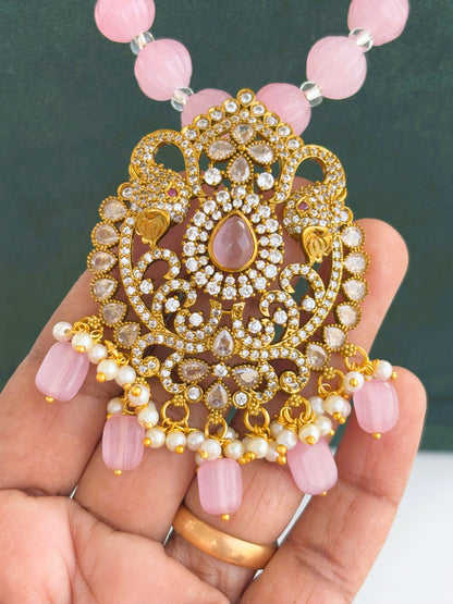 Handmade Pink Bead Peacock Pendant Necklace