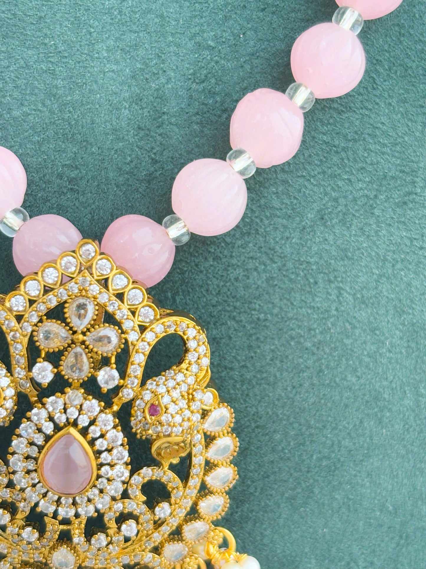 Handmade Pink Bead Peacock Pendant Necklace