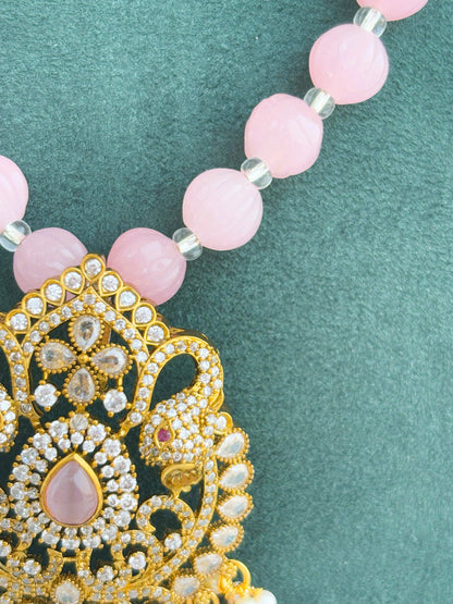 Handmade Pink Bead Peacock Pendant Necklace