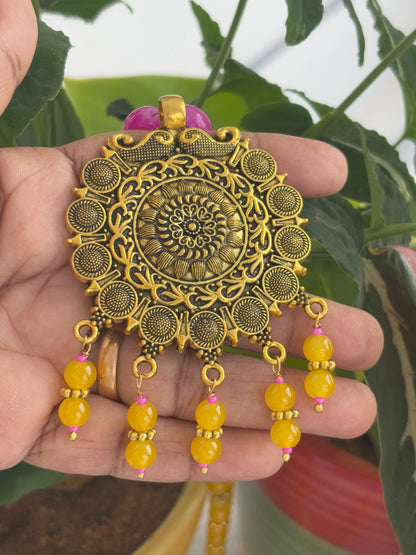 Handmade Yellow and Pink Sunburst Pendant Necklace