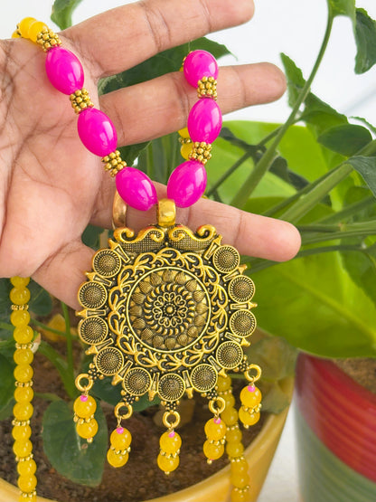 Handmade Yellow and Pink Sunburst Pendant Necklace