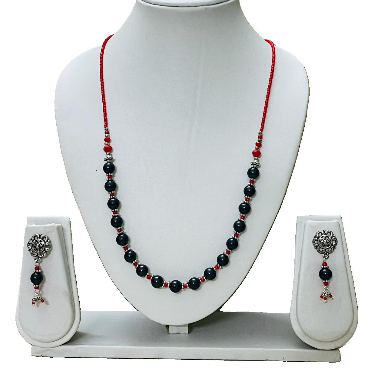 Handmade Black Bead and Oxidized Necklace Set