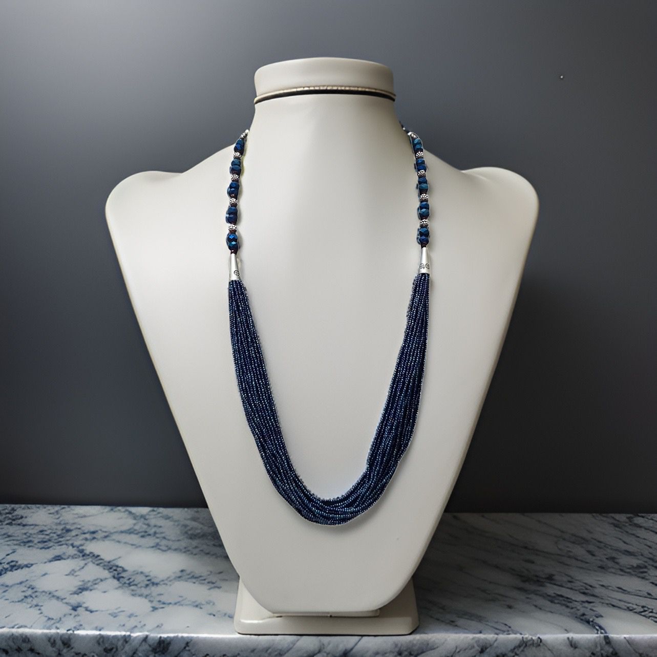 Handmade Blue Seed Bead Multi-Strand Necklace