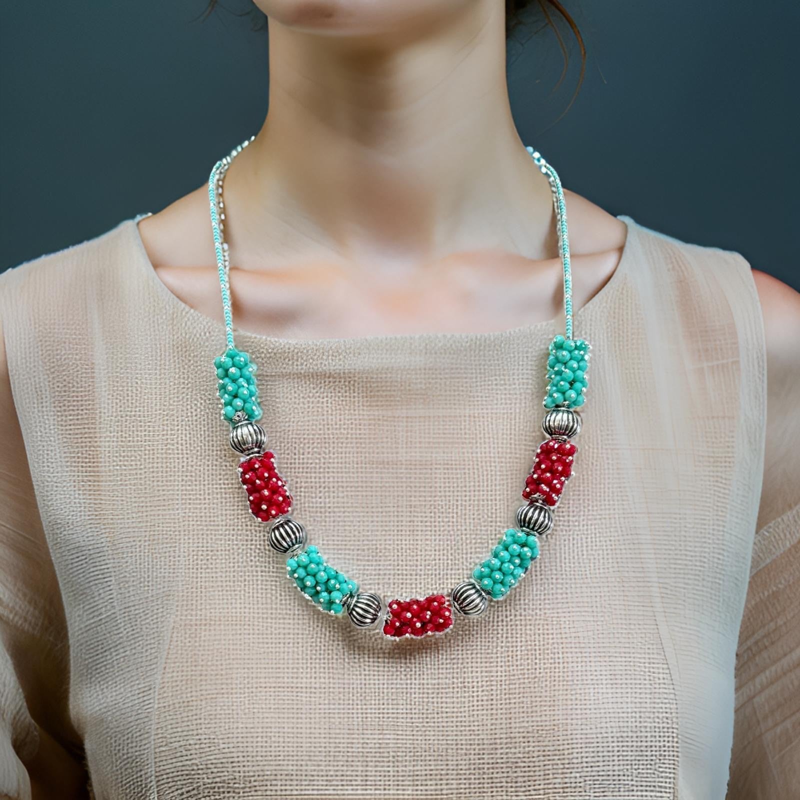 Handmade Red and Teal Beaded Statement Necklace