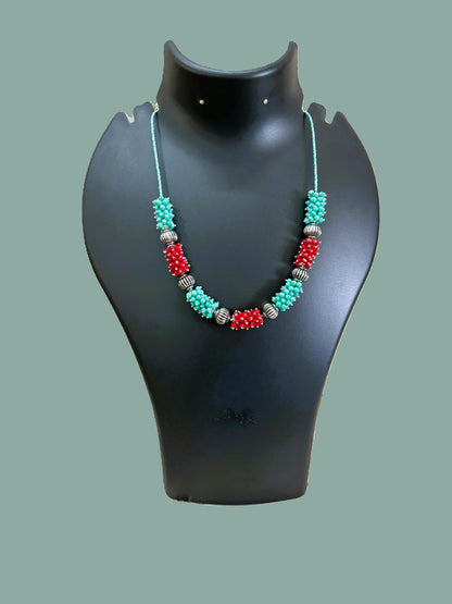 Handmade Red and Teal Beaded Statement Necklace