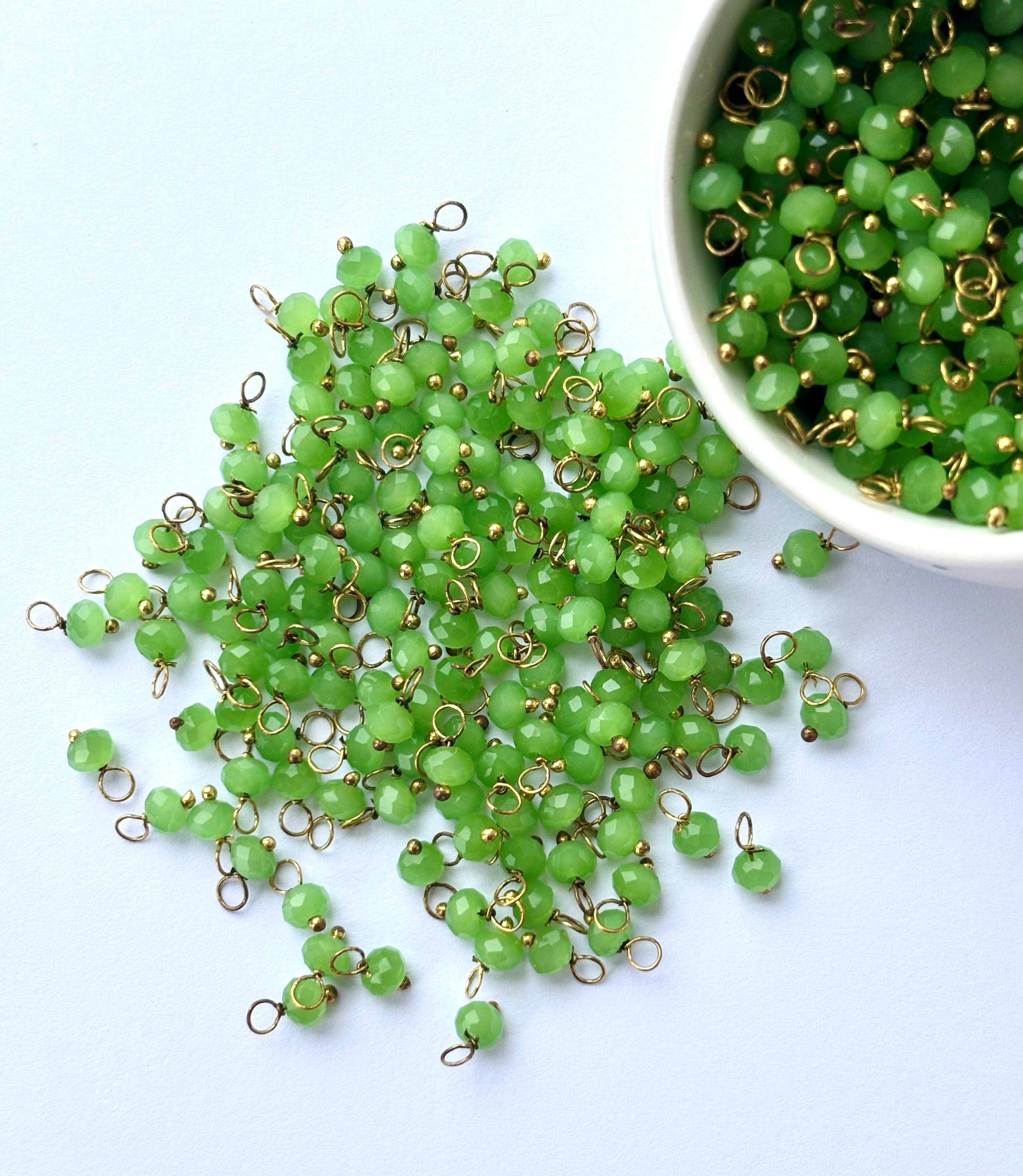 Faceted Mantis Green Bead Charms with Golden Wire