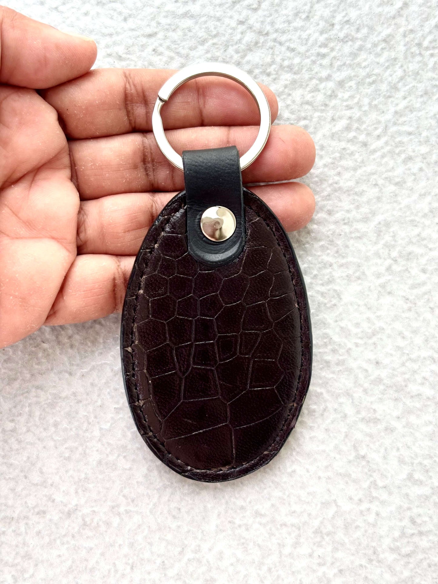 Croc-Embossed Black Leather Keychain
