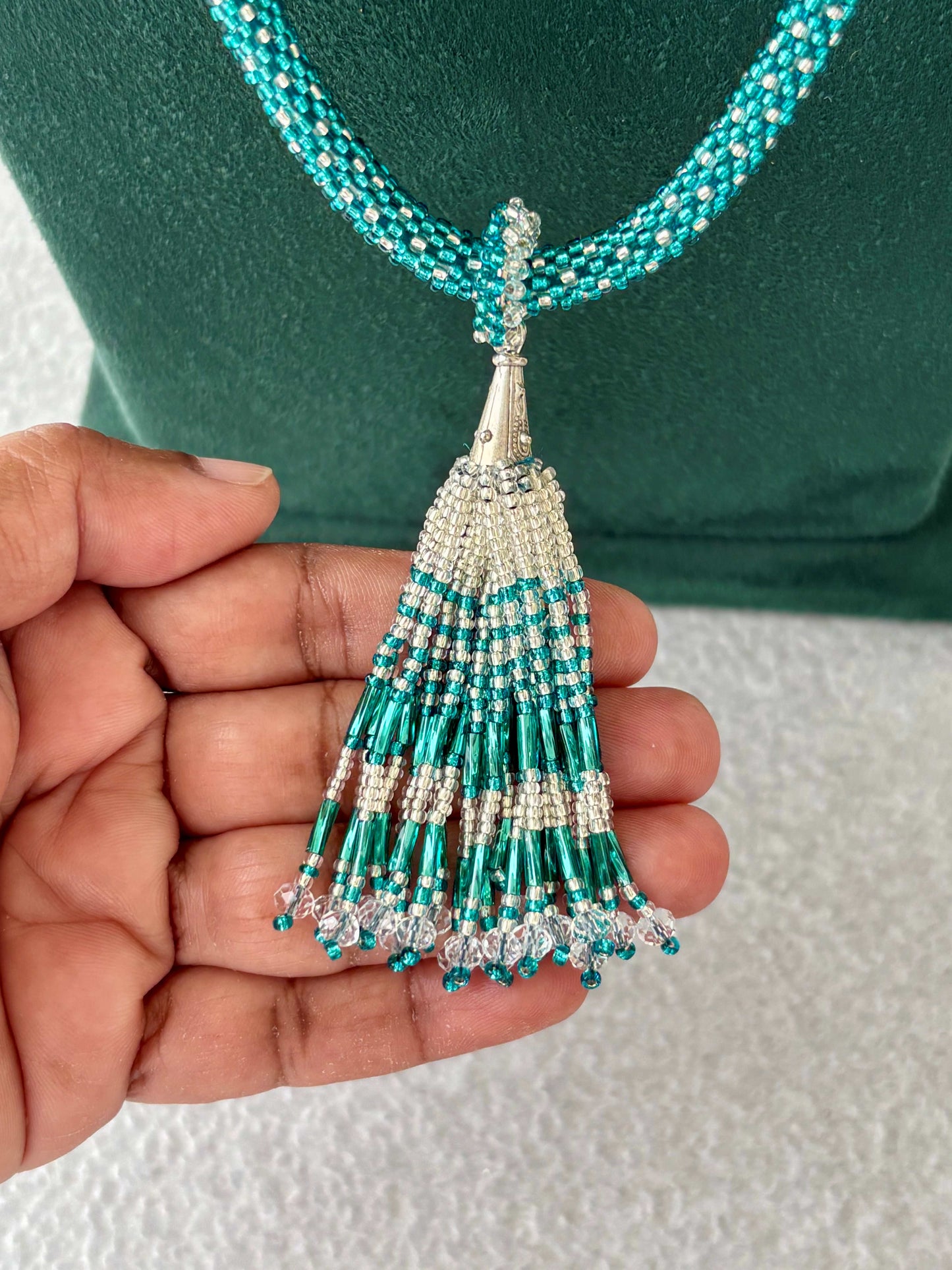 Teal Green Crochet Beaded Rope Neckwear