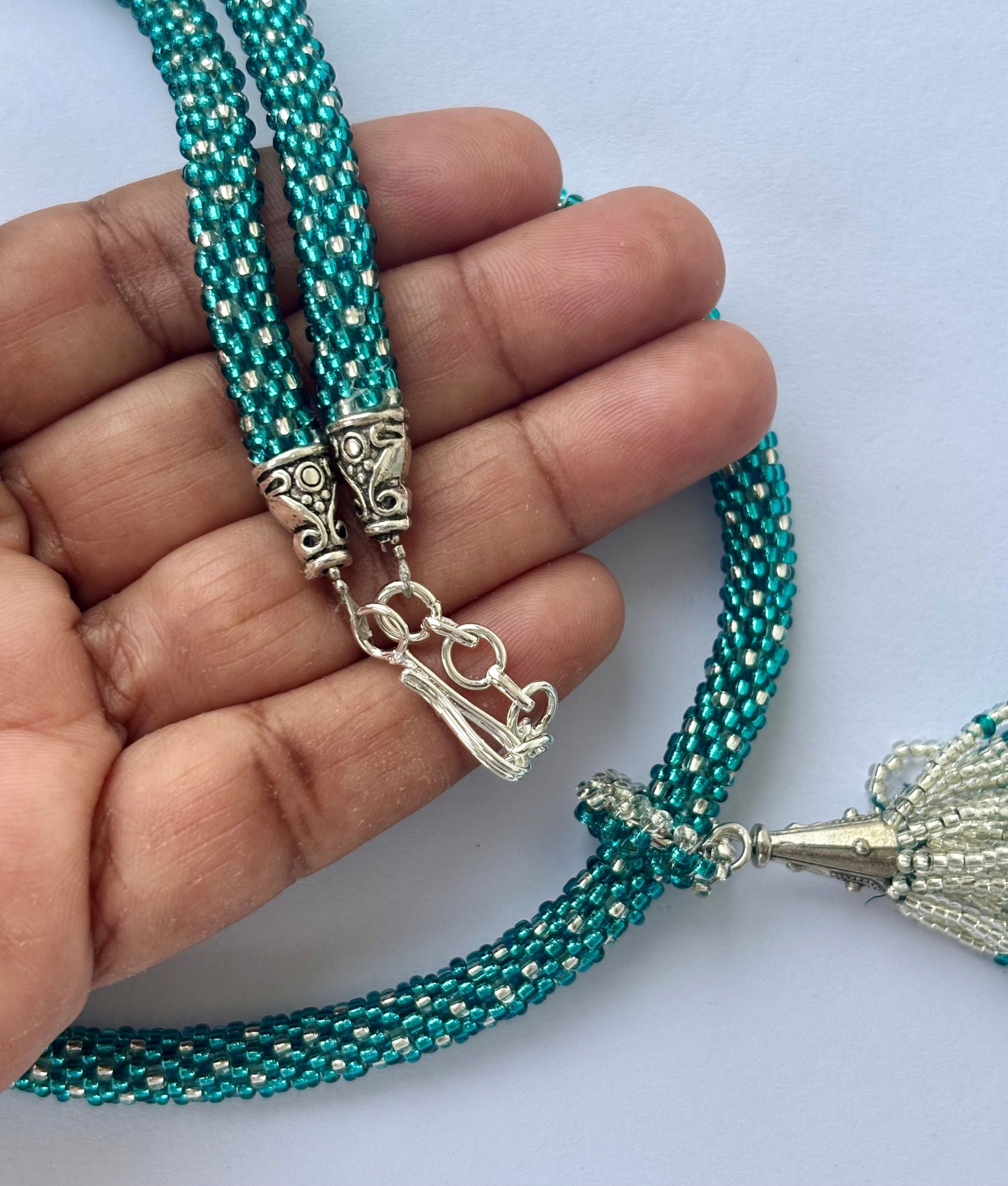 Teal Green Crochet Beaded Rope Neckwear