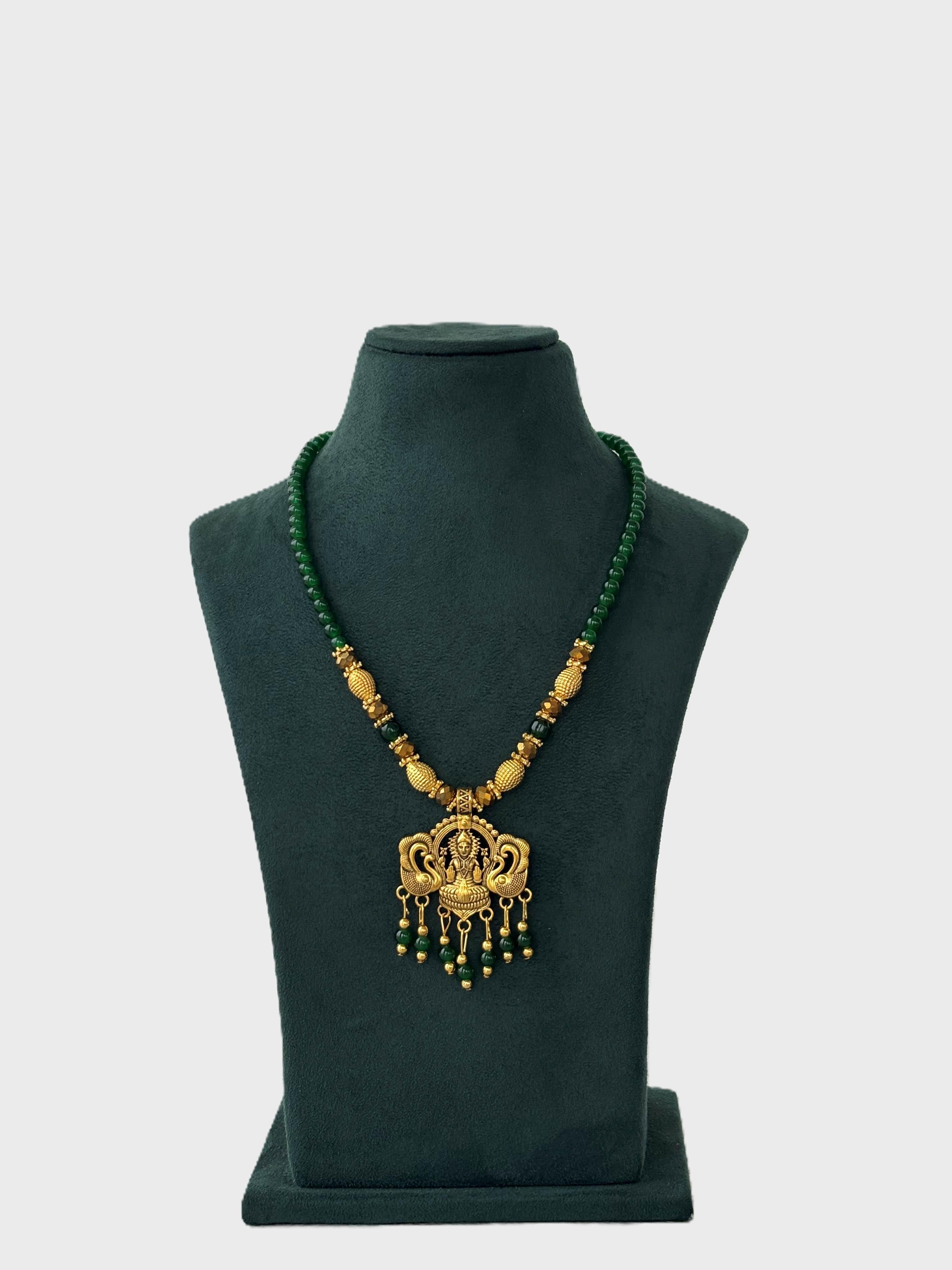 Green Neckwear with Lakshmi Pendant Necklace