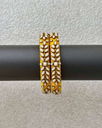 Yellow Silk Thread Bangles with Kundan and Pearl Work