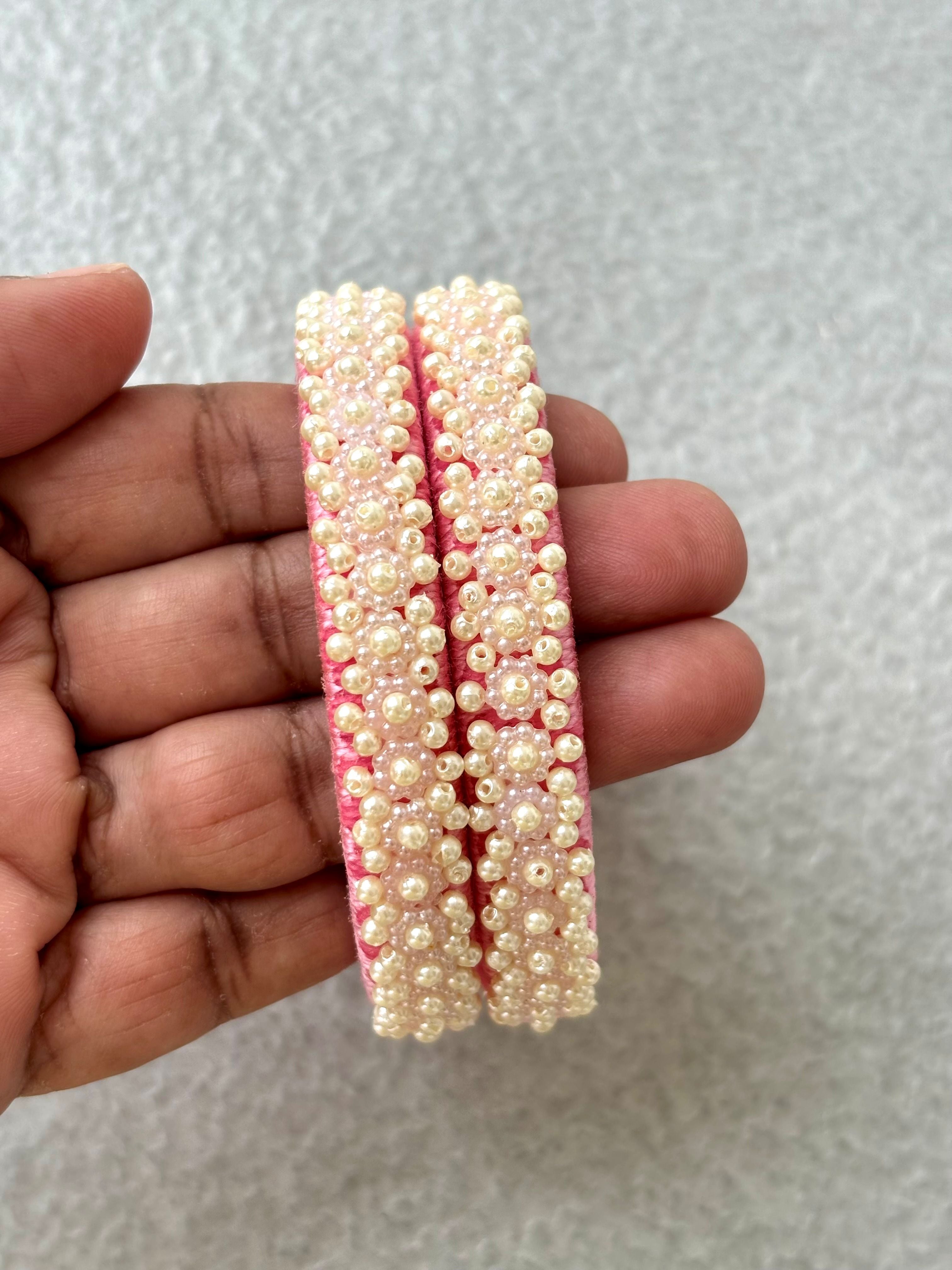Pink Thread Bangles with Pearl Bead Work